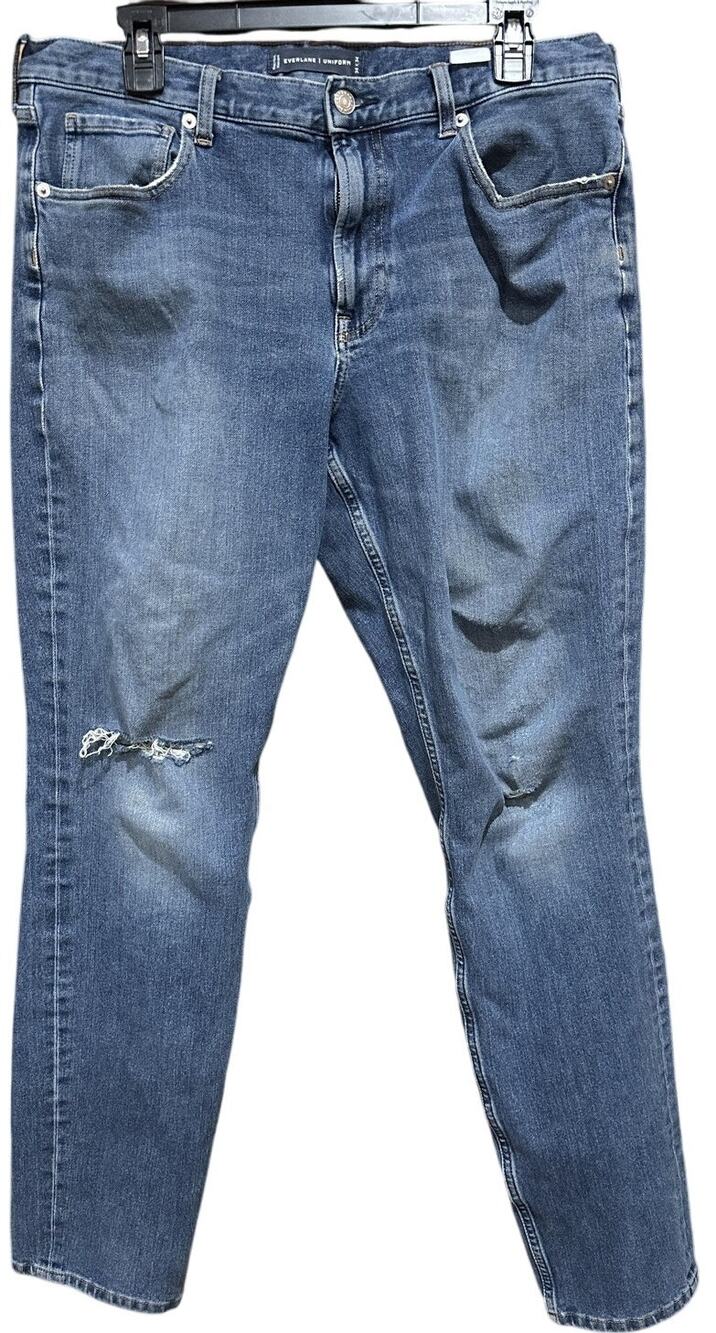 Everlane Uniform Jeans Mens Size 34 Blue Denim Distressed Straight Leg Rip Stain
